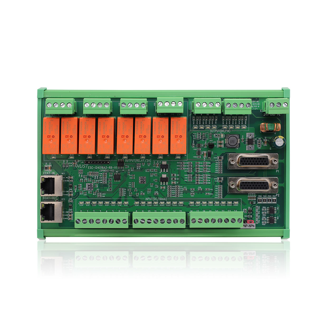 EtherCAT 24點輸入/16點輸出（8繼電器&8點晶體管）/2軸控制 IO運動模塊